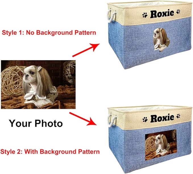 Custom Dog Basket for Toys Collapsible Storage Bin Grey Pink Blue Rectangular Pet Storage Organizer Box with Handles Extra Large Customized Name & Photo