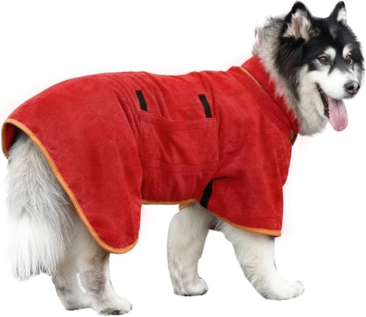 Dog Drying Coat Bathrobe Towel, Microfibre Material Fast Drying Super Absorbent Dog Bath Robe, Pet Quick Drying Moisture Absorbing with Adjustable Collar and Waist (Medium, Red)