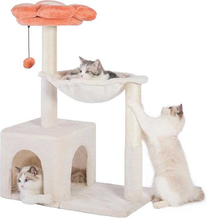 Flower Cat Tree 34" Scratching Post Small Cat Tower for Large Cats,Featuring with 15.7”Large Hammock, Removable Top Bed and Wide Condo for Indoor Cats-Beige