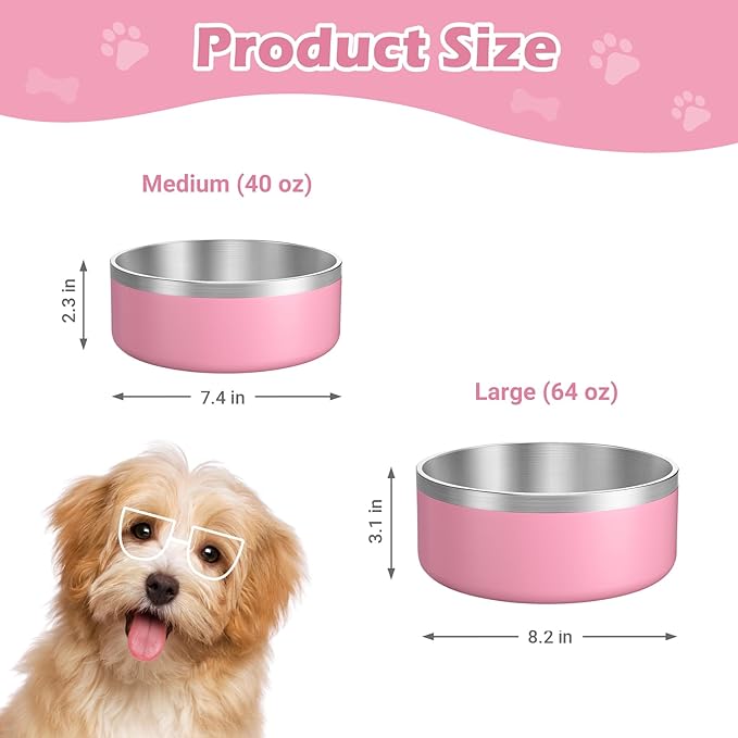 LIANLAI Stainless Steel Dog Bowls, Rust-Resistant Pet Bowls, Non Slip Dog Water Bowl, Versatile Feeding Bowls(Pink，40 oz)