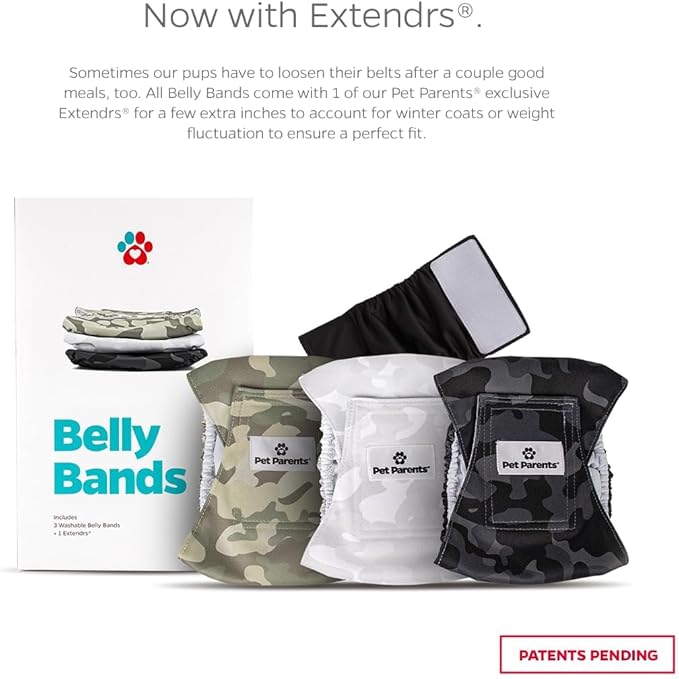 Pet Parents® Washable Belly Bands for Male Dogs (3pack) + Extendrs® of Durable Dog Diapers Male, Premium Male Dog Diapers & Dog Wraps (X-Large, Camo)