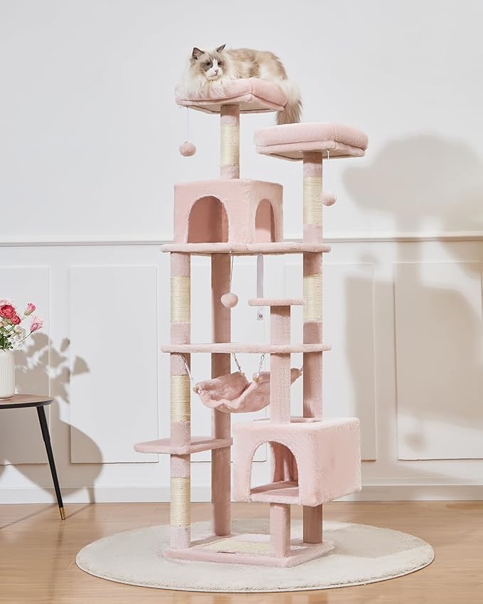 Taoqimiao Cat Tree, 68-Inch Cat Tree Cat Tower for Indoor Cats, Plush Multi-Level Cat Condo with 6 Scratching Posts, 2 Perches, 2 Caves,Hammock, 3 Pompoms,MS020SP Jelly Pink