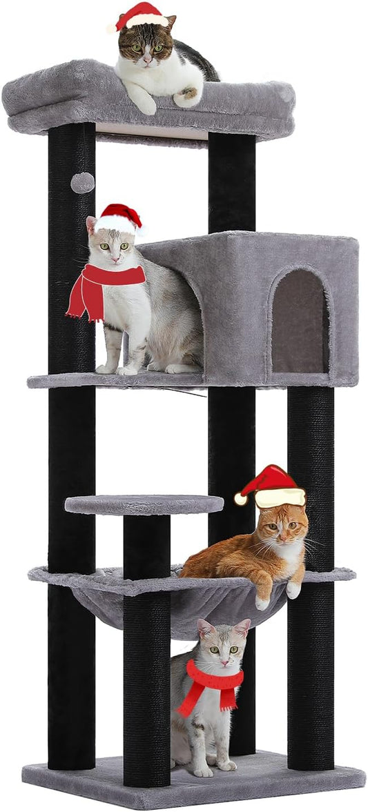 Large Cat Tree with Reinforced Scratching Posts (φ3.7in) for Big Adult Cats 30 lbs, 57.8" Heavy Duty Cat Tower with Larger Hammock and Condo, Cat Furniture for Maine Coon, Plush,Black