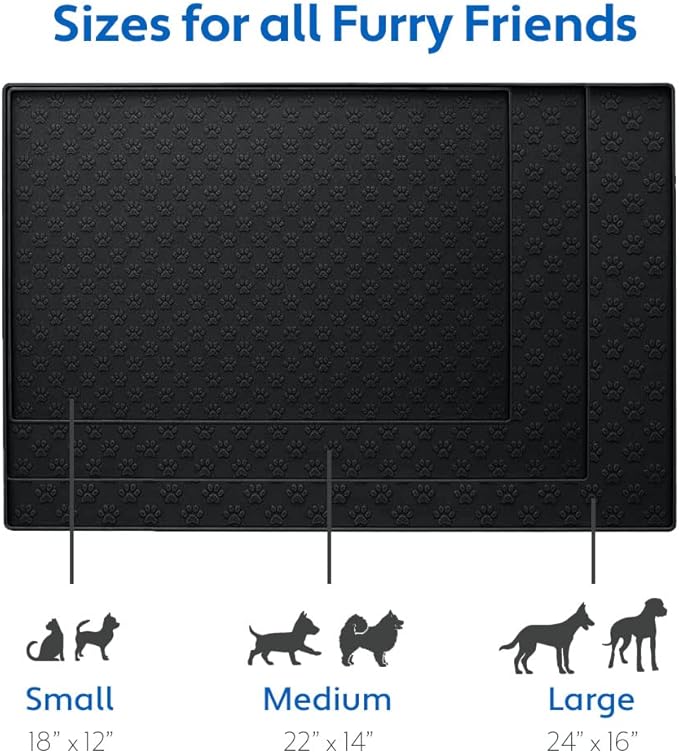 MIGHTY MONKEY 100% Waterproof Dog Food Mat, Raised Edges Silicone Pet Feeding Placemat for Cat, Dogs, Pet Bowls, High Lipped Tray Prevents Water Spills, Food on Floor, Dishwasher Safe, 18x12, Black