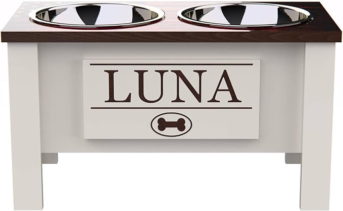 GrooveThis Woodshop - Personalized Elevated Dog Bowl Stand for Large, Medium, Small, X-Small Dogs - Stainless Steel Food and Water Bowls - Raised Dog Dish with Internal Storage (Large, Flag Design)