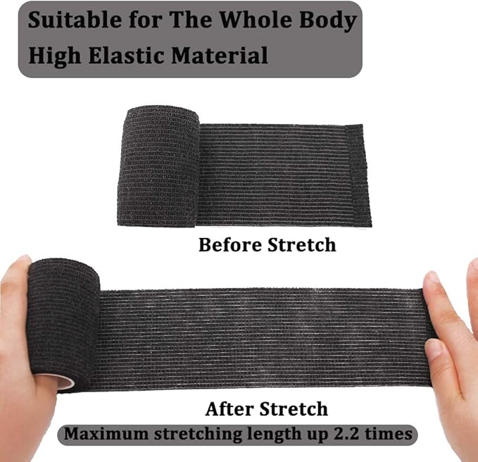 12 Rolls Elastic Self Adhesive Bandage Wrap 3 Inch, Breathable Non Woven Cohesive Bandage, Vet Wrap for Dogs, Ankle Sprains Swelling Medical First Aid Tape, Sports Athletic Tape Black