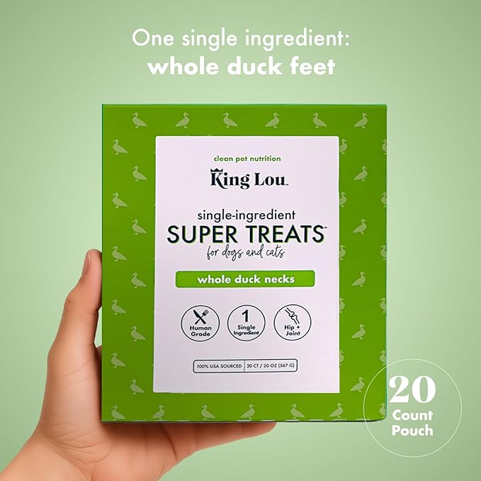 King Lou Pets - Whole Duck Necks for Dogs and Cats - Single Ingredient Dog Treat - Dehydrated Cat Treats - USA-Made Dog and Cat Treats - Supports Hip and Joint Health - 20 Count