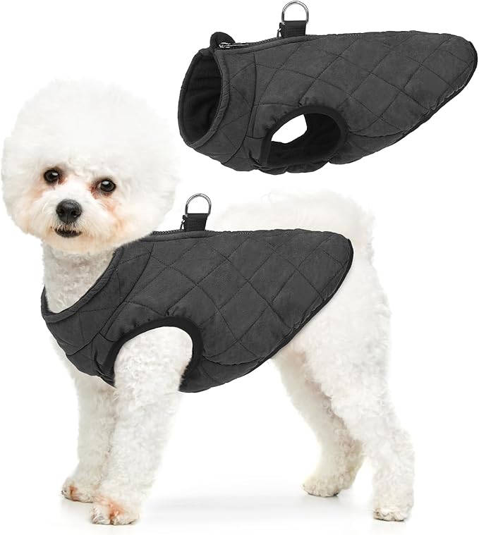 SCENEREAL Winter Dog Vest Coat with Built-in Harness, Warm Puppy Jacket for Small & Medium Dogs, Cold Weather Coat with Zipper, Fleece Puffer Vest, Windproof Snow Clothes