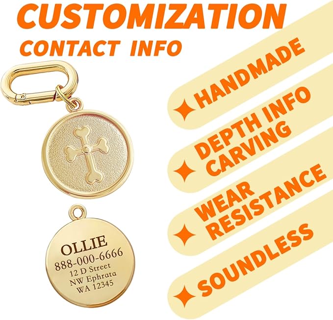 Dogs ID Tags Personalized Double Sided Deep Engraved Cat & Dog Collar Charm Round Shape Frosting Process Silver/Gold Plated