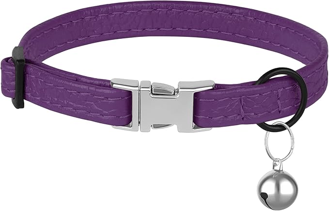 Leather Cat Collar with Buckle and Removable Bell - Non Breakaway Adjustable Soft Safety Small Pet Collars for Girl Boy Cats Kitten (Purple)