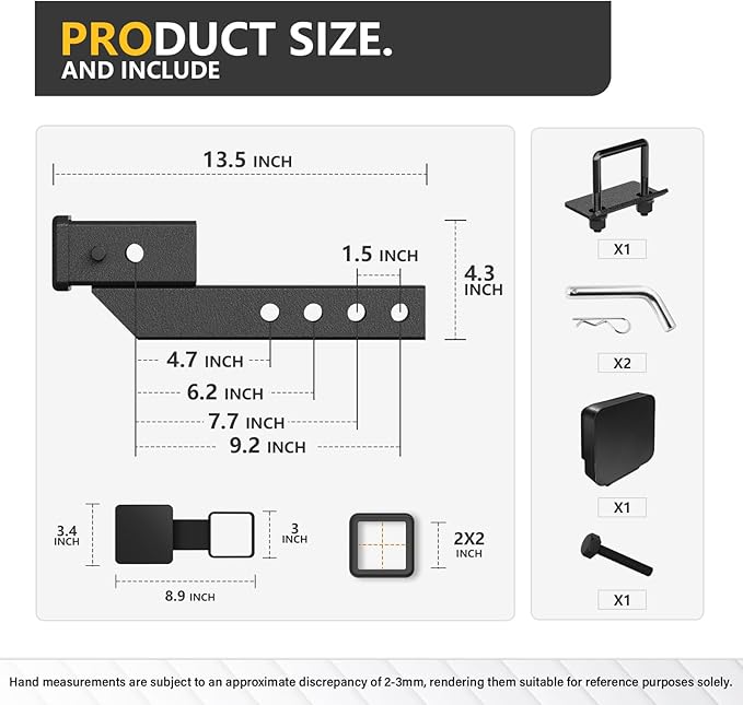 Trailer Receiver Hitch Riser & Extender Adapter, 2" Drop/Rise, Adjustable Lengths 5", 6", 8", 9", Solid Tube, 2-Inch Receiver, 7500 lbs Towing Capacity, Matte Black