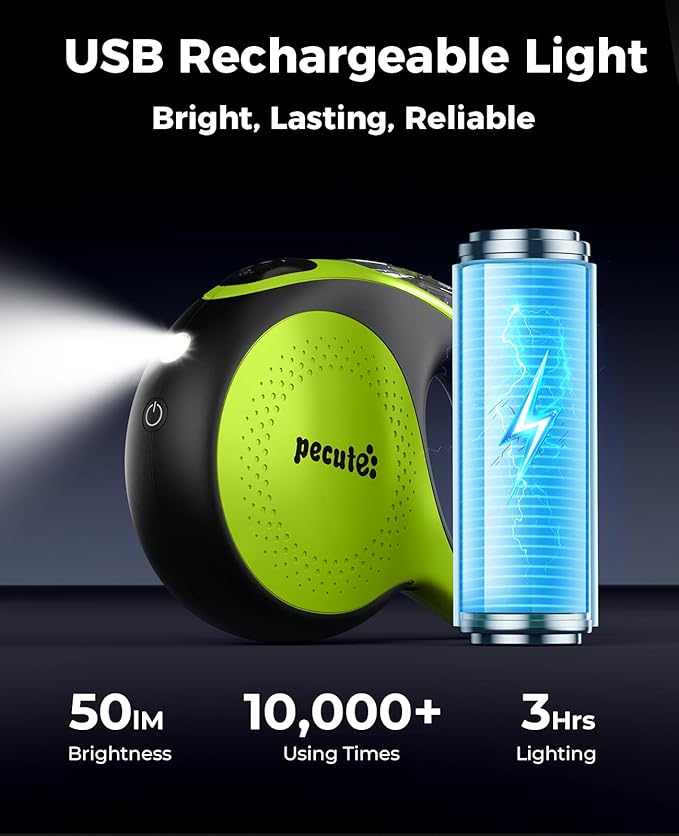 Retractable Dog Leash for Large Dog with Light Rechargeable, 16ft Heavy Duty Retractable Pet Leash with One-Button Control, Anti-Twist Protection, Reflective Leash for Large Dogs Up to 110 lbs