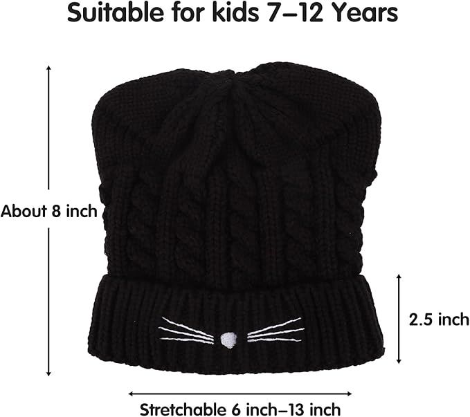 Kids Girls Cat Ear Hat Winter Warm Knit Beanie Cute Ski Skull Cap for Ages 7-12