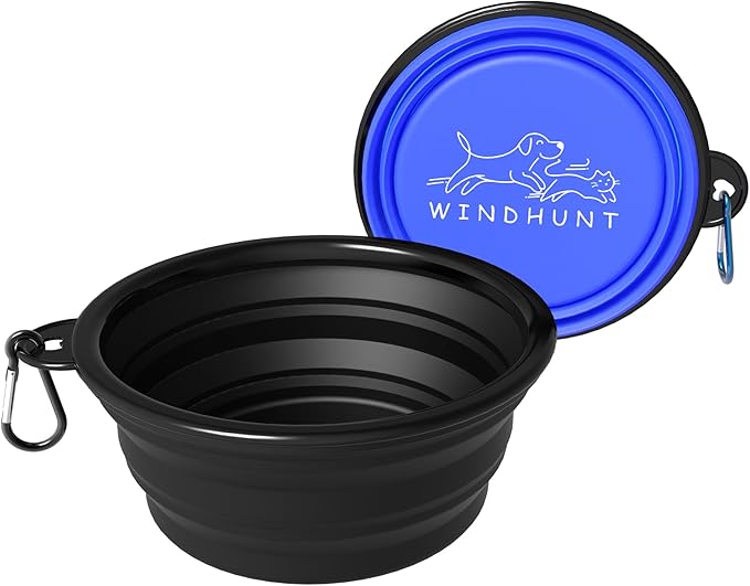2-Pack Collapsible Dog Bowls, Portable Travel Pet Bowl with Carabiner – Foldable Silicone Feeding Dish for Dogs and Cats On-The-Go (Black + Blue)