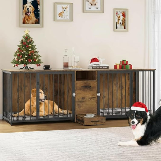 YITAHOME 94.5" Large Dog Crate Furniture with Feeder Bowls, Heavy Duty Dog Kennel with Room Divider and Drawer, Wooden Dog House TV Stand Table Indoor for 2 Large/Medium Dogs, Brown