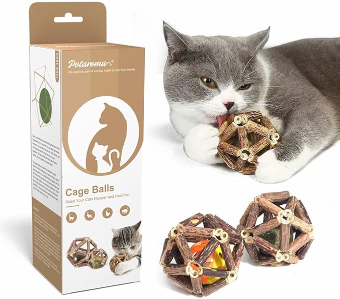 Potaroma Catnip Toys, 3Pcs Cat Toys Natural Silvervine Stick Cage Balls & Bell Ball for Indoor Cats, Kitten Cleaning Teeth Molar Matatabi Cat Chew Toy All Breeds