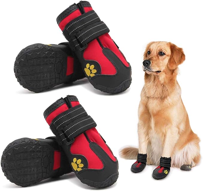 Dog Boots, Waterproof Dog Boots, Dog Rain Boots,Dog Booties with Reflective Rugged Anti-Slip Sole and Skid-Proof,Outdoor Dog Shoes for Medium to Large Dogs (Black-Red 4PCS).