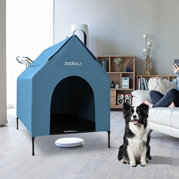 36" Large Dog House for Large Dog Indoor or Outside, Weatherproof 600D PVC Outdoor, Featuring Breathable 2x1 Textilene Elevated Dog Bed, Easy Clean (Blue)
