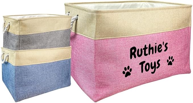 Custom Dog Basket for Toys Collapsible Storage Bin Grey Pink Blue Rectangular Pet Storage Organizer Box with Handles Extra Large Personalized Pet's Name
