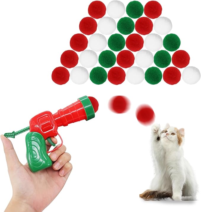 Andiker Cat Toy Balls Set, 30pcs Plush Cat Pom Pom Balls and a Plastic Launcher Set for Kitten Catch&Fetch Interactive Cat Toy with Colorful and Soft Cat Ball for Indoor Cats to Keep Fit (Green 30pcs)