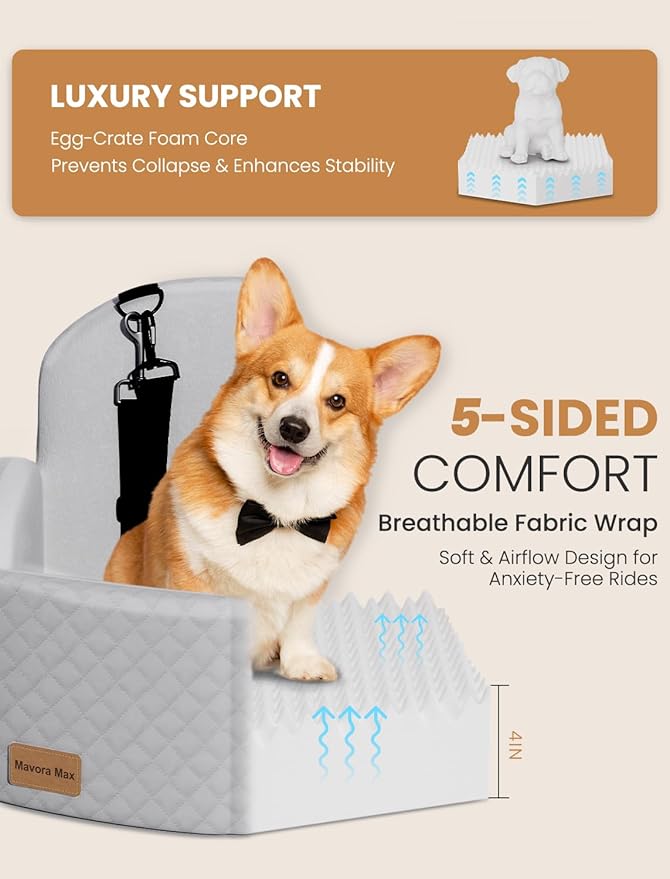 Dog Car Seat for Small/Medium Dogs, Elevated Dog Booster Seat Memory Foam Puppy Car Seat with Washable Cover, Travel Safety Pet Seat Bed for Car with Storage Pockets Up to 35 lbs (Grey)