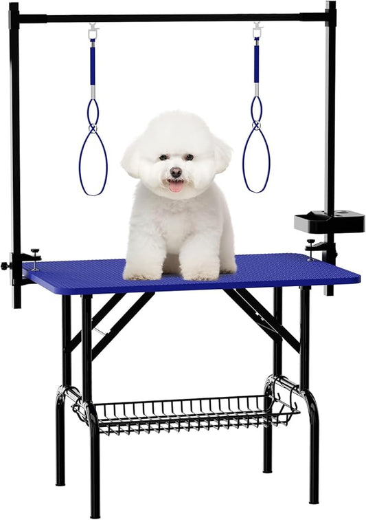 VFK 36''/47''Large Dog Grooming Table, Foldable Pet Station at Home, Dog Grooming Table,Adjustable Cat Drying Desktop with Arms, Nooses, Mesh Tray (Basic pet Table, 36" Blue)