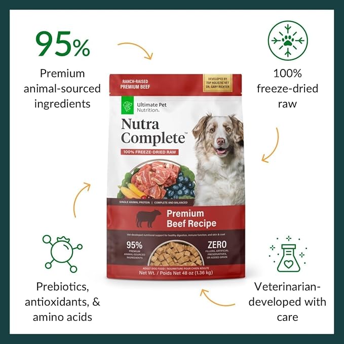 ULTIMATE PET NUTRITION Nutra Complete, 100% Freeze Dried Veterinarian Formulated Raw Dog Food with Antioxidants Prebiotics and Amino Acids, (3 Pound (Pack of 2), Beef)