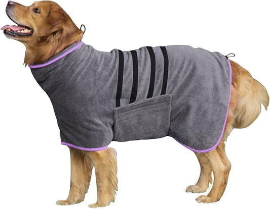 Dog Drying Coat, Microfiber Dog Drying Bag - Absorbent Pet Bathrobe for Dogs & Cats, Adjustable Collar & Belly Strap, Fast Drying Coat, Large, Grey