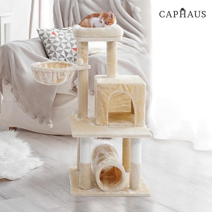 CAPHAUS Large Cat Tree with Scratching Posts, Cave Condo, 40-Inch Multi-Level Indoor Activity Structure with Basket for Cats, Modern Sisal Wrapped Design