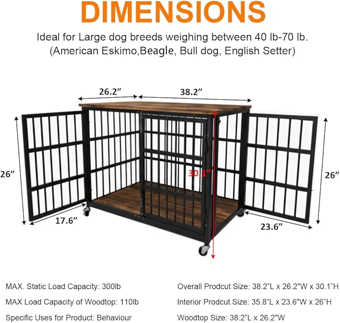 48/42/38 Dog Crate Furniture, Heavy Duty Dog Kennel Indoor for Large Dogs, Escape-Proof and Chew-Proof Wooden Dog Cage for high Anxiety Dog, Decorate House as TV Stand, End Table