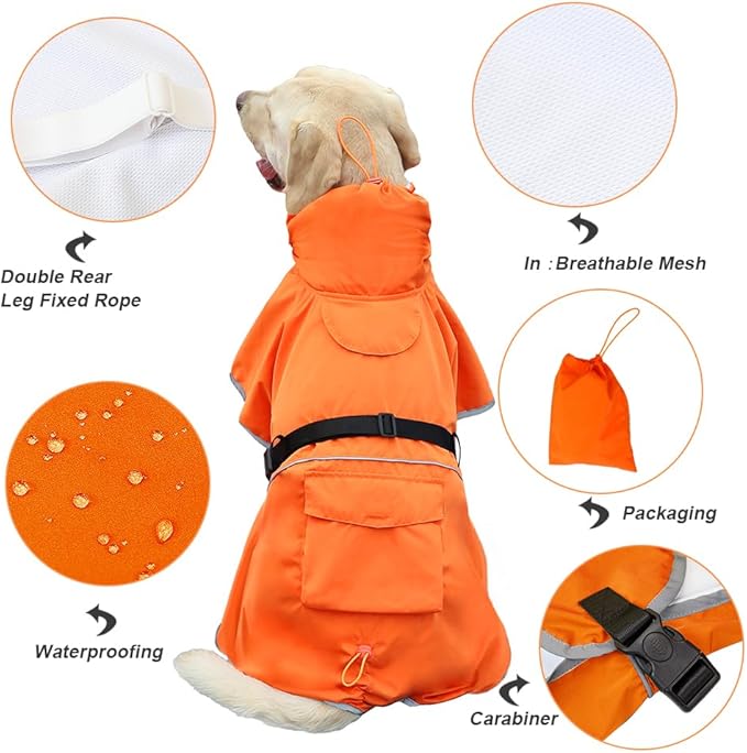 Reflective Dog Raincoat Waterproof Adjustable Dog Hooded Poncho Raincoat for Medium Large Dogs, Lightweight Pet Rain Jacket(Orange, 7XL)
