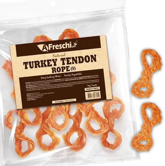AFreschi Turkey Tendons for Dogs, USA-Sourced, Healthy Dog Treats, Rawhide-Free Puppy Chews, Long Lasting, All Natural, Hypoallergenic Dog Treats for Small Breeds, 8 oz Pack Rope (S)