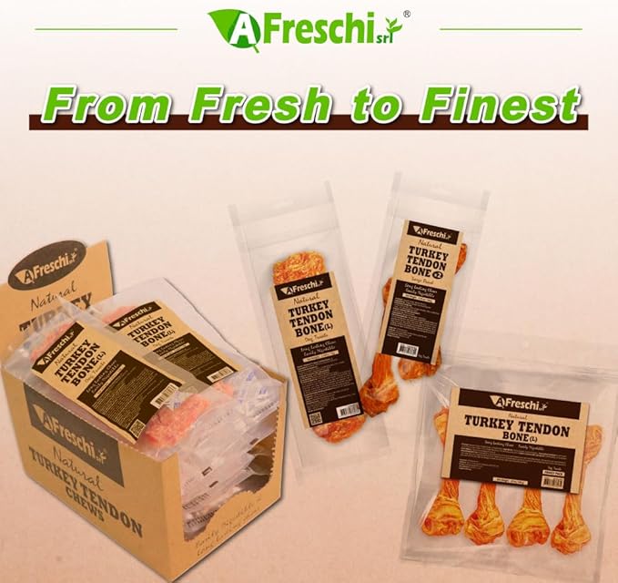 AFreschi Turkey Tendons for Dogs, USA-Sourced, Healthy Dog Treats, Rawhide-Free Puppy Chews, Long Lasting, All Natural, Hypoallergenic Dog Treats for Large Breeds, 1 Count Pack Bone (L)