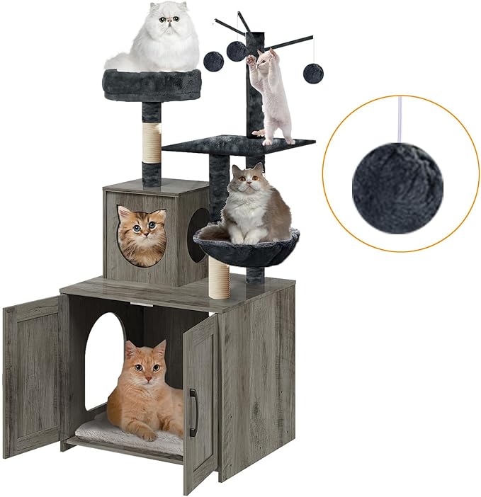 Cat Tree with Litter Box, Wood Litter Box Enclosure with Food Station, Modern Cat Tower for Indoor Large Cats with Large Platform,Cat Condo with Scratching Posts, Hammock, Caves, Basket,Grey