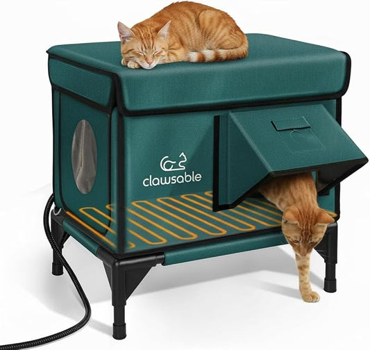 Indestructible Heated Cat House for Outside Winter, 100% Waterproof, Safe Escape Door, Insulated Outdoor Cat Shelter with Heater for Feral Barn Cat Kitty (Forest Green, 13"x17"x18")