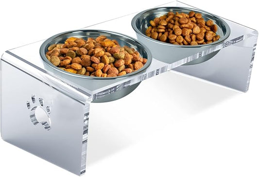 Raised Cat & Dog Bowl, Elevated Pet Feeding Station with 15 Tilted Neck Protective Acrylic Stand, Double Stainless Steel Bowls, for Small, Medium, Large Cats & Dogs