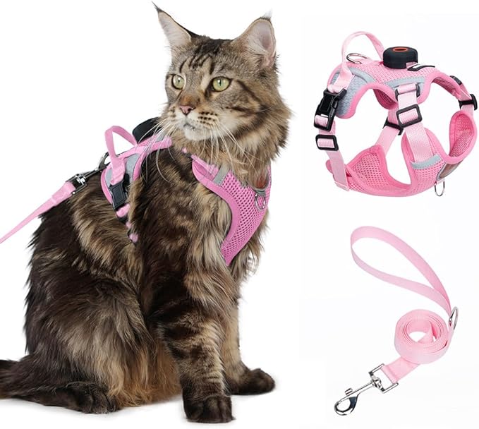 Cat Harness and Leash Set with AirTag Holder: Upgraded Escape Proof Vest with Lead for Small Dog Puppy Large Cat Walking，Soft Breathable Mesh Coat with Reflective Strip (Pink, L)