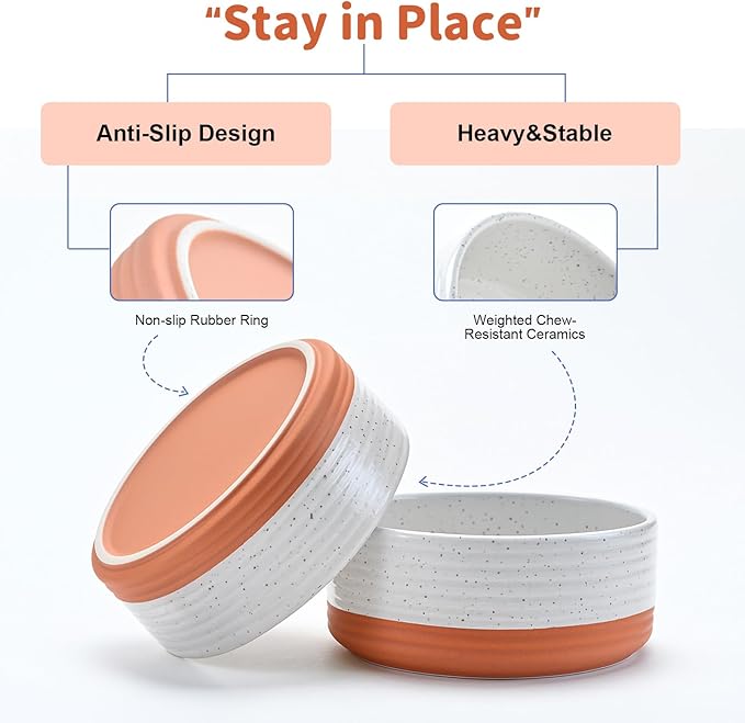 SPUNKYJUNKY Ceramic Dog Bowls 2 Pack, 7.3'' Dog Food Water Double Feeding Bowls Non-Slip for Medium to Large Sized Breed Microwave Dishwasher Safe - 42 OZ, 2pcs, Pattern White