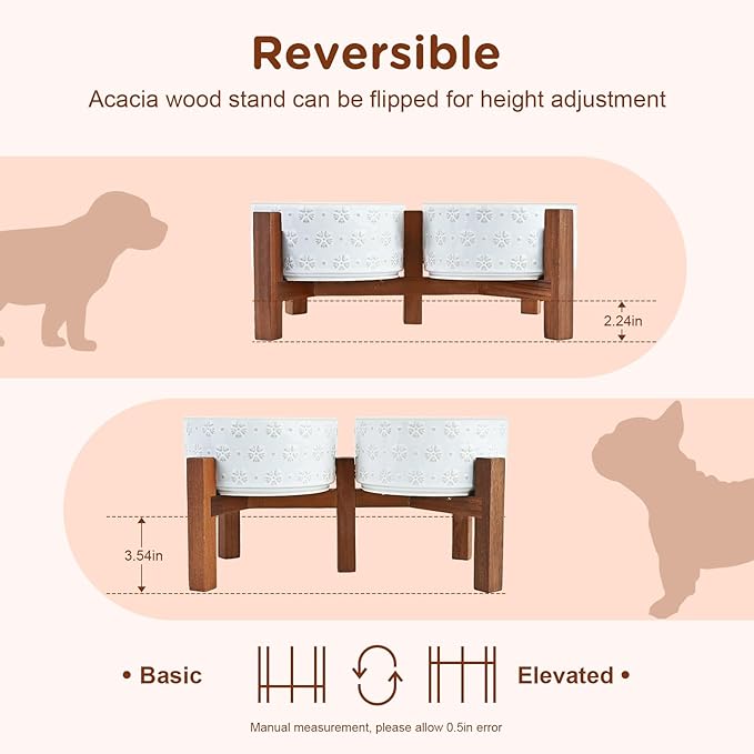 SPUNKYJUNKY Ceramic Dog Bowls with Acacia Wood Stand Raised Food and Water Bowl for Small Medium Sized Dog (Deep, 15.5cm)