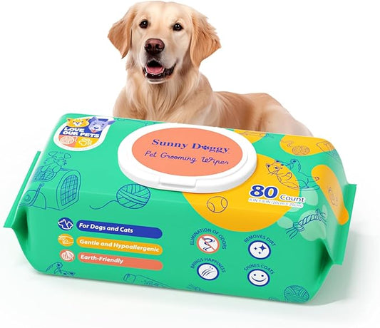 Pet Wipes 80 Count, Dog Wipes Cleaning Deodorizing Cat Wipes, 8 x 8 Inch Dog Grooming Wipes for Butt Paws Ear Eyes and Body