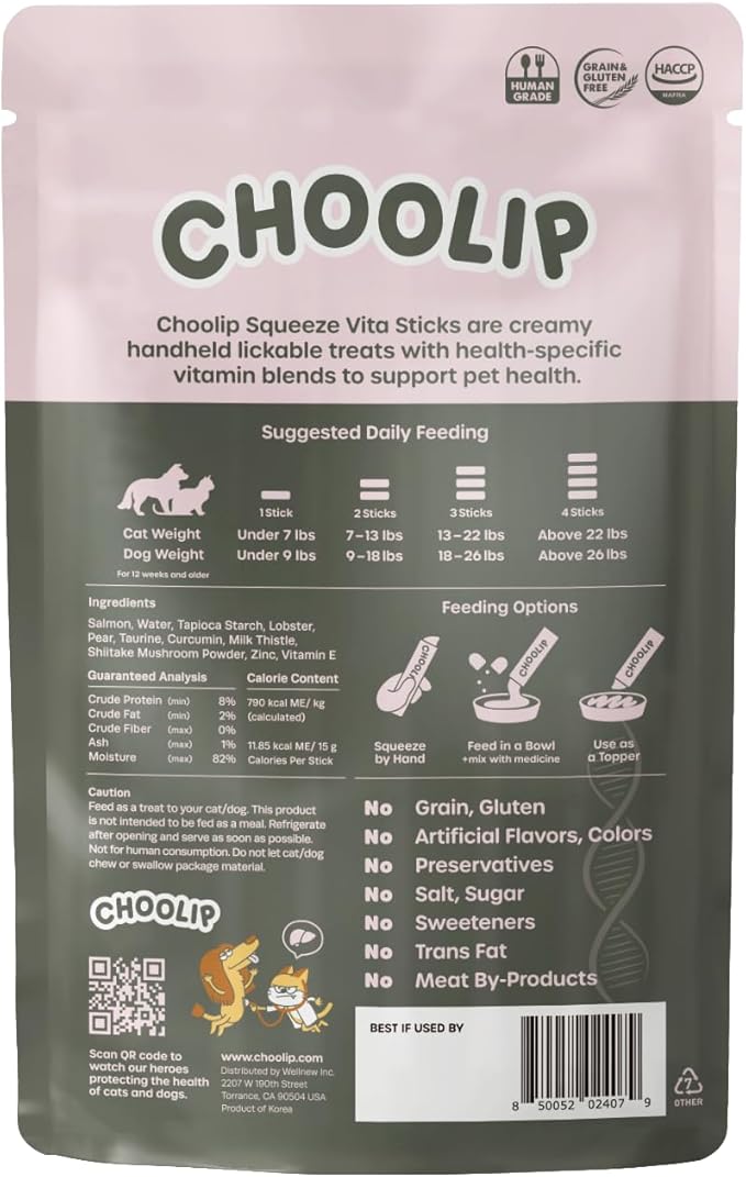 Choolip Squeeze Vita Stick Lickable Cat Treats & Dog Puree – 7-Count Liver Support Tubes, Creamy Grain-Free High-Protein Puree with Milk Thistle, Vitamin E & CoQ10 for Liver Health & Detox Support