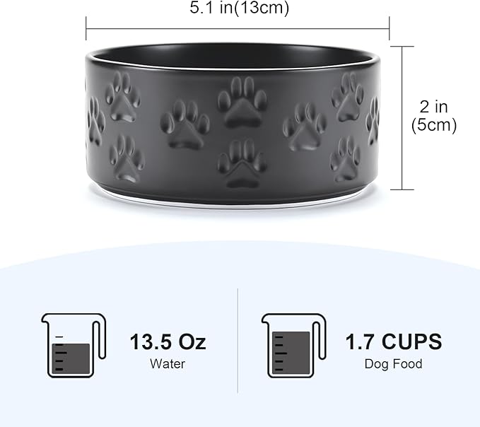 SPUNKYJUNKY Ceramic Dog and Cat Bowls 2 Pack, 5.1'' Dog and Cat Food Water Double Feeding Bowls Non-Slip for Cats and Puppy Small Sized Breed Dogs Microwave Dishwasher Safe - 13.5 OZ, 2pcs, Paw Black