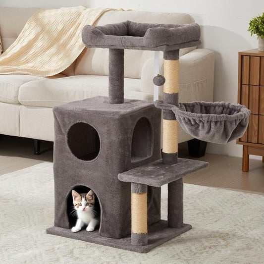 Multi-Level Cat Tree Tower for Large Cats with Scratching Posts, Condos, Perch, Hammocks & Toys, Cat Jungle Gym for Indoor Cats, Ideal for Multi-Cat Households, Grey