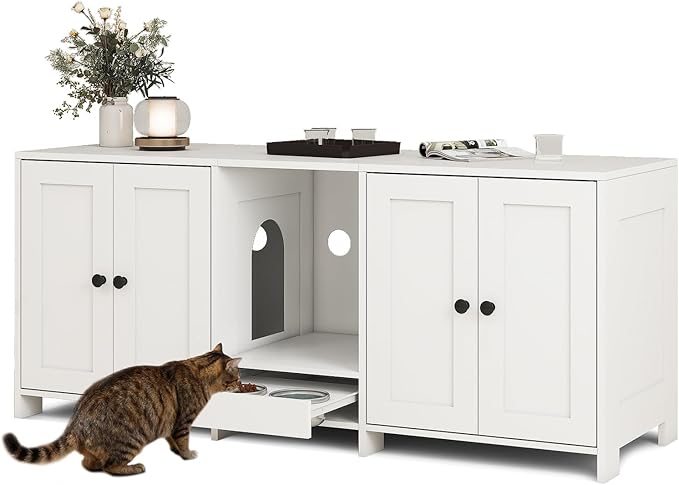 Double Litter Box Enclosure, Hidden Litter Boxes Furniture for 2 Cats, Large Litter Box Cabinet with Cat Feed Station, Cat House, TV Stand, Side Table