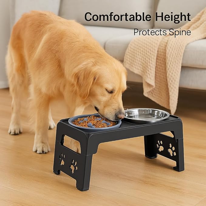 Elevated Dog Bowls - Raised Stand With 2 Stainless Steel and 1 Slow Feeder Bowl, Adjustable 5 Heights for Medium Large Dogs, Non-Slip, Black