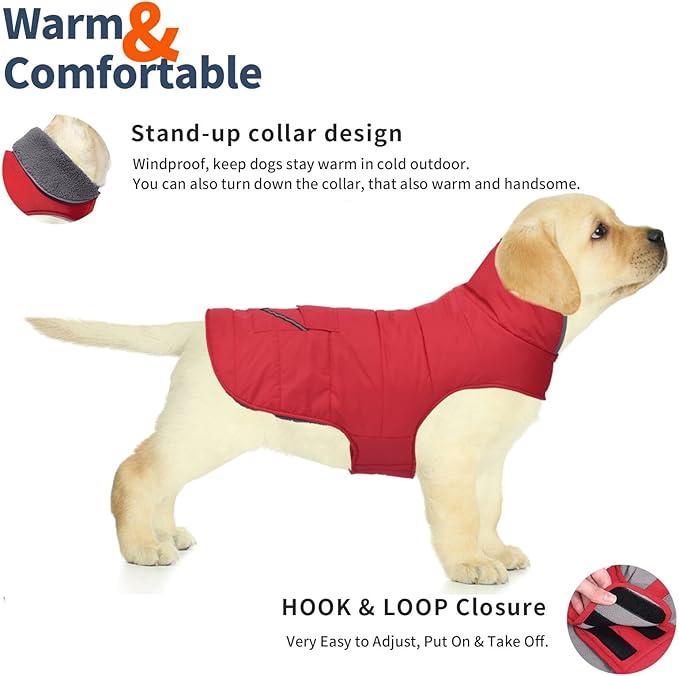 Dog Coat, Waterproof Dog Winter Jacket with Pocket, Reflective Adjustable Pet Snow Vest, Warm Cozy Fleece Sweater for Small Medium Extra Large Dogs - Red, L