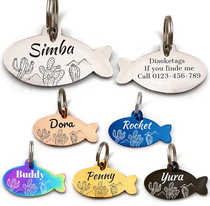 Stainless Steel Cat ID Tag Personalized Pet Tags with up to 4 Lines of Custom Text, Small Pet Mini Dog Cat Tag Lightweight, Engraved on Both Sides, Multiple Patterns Colors Size Options (Oasis)