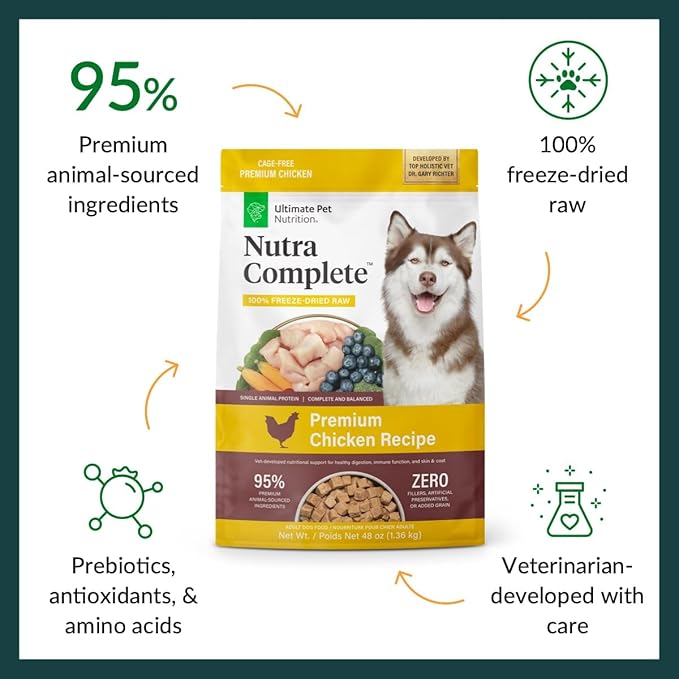 ULTIMATE PET NUTRITION Nutra Complete Freeze Dried Raw Dog Food, Veterinarian Formulated with Antioxidants, Prebiotics & Amino Acids (3 Pound, Chicken)
