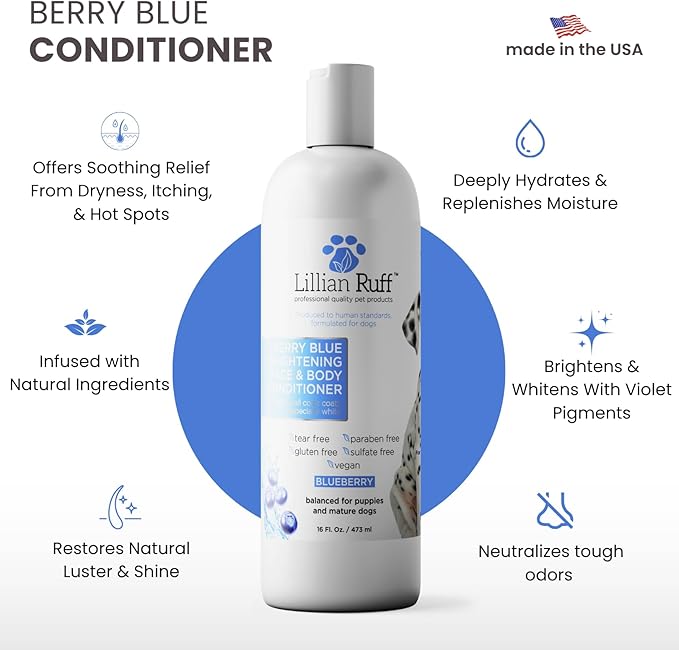 Lillian Ruff PRO Formula Berry Blue Brightening Dog Conditioner - Professional Whitening Conditioner Hydrate Dry Skin, Soften, Detangle, Restore Shine - Provitamin B5, USA Made 16oz
