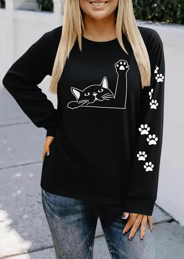 JINTING Cat Shirts for Women - Loose Fit Lightweight Long Sleeve Graphic Tee Fall Printed Crewneck Blouse Casual Tops